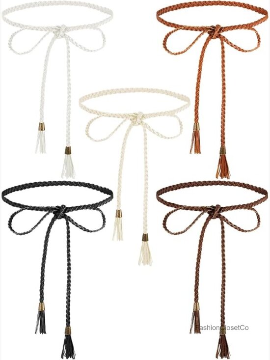 5 Pcs Faux Leather Braided Tassel Waist Belt Set, Extra Long Skinny Rope Belts main image 6
